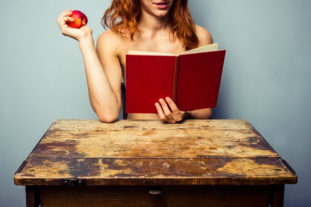 Naked Woman Holding Book and Apple